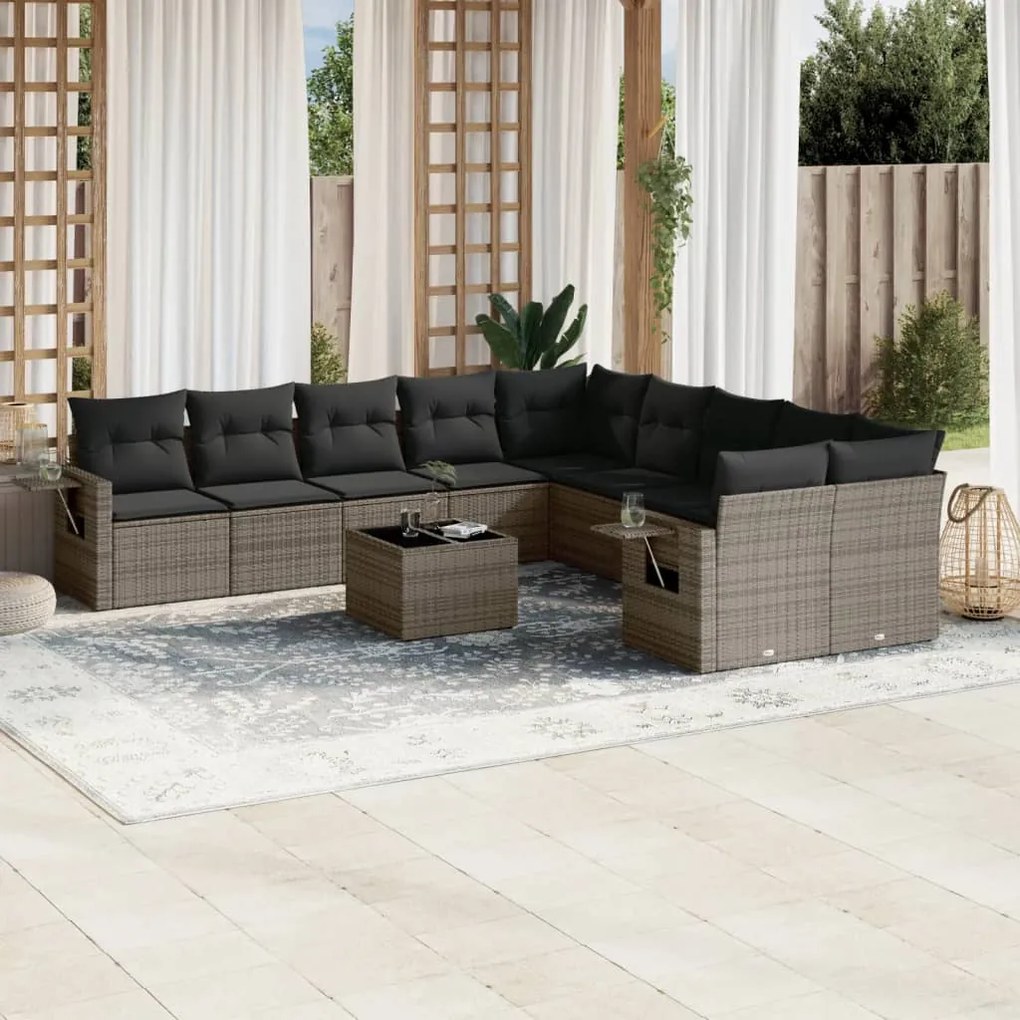 Set Divani da Giardino 11 pz con Cuscini in Polyrattan Grigio