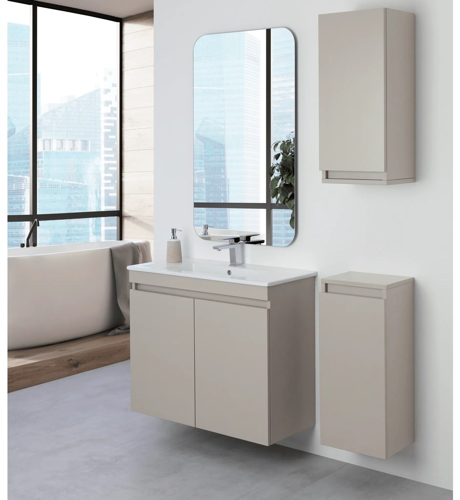 Mobile Bagno Sospeso 80 Cm Due Ante Specchio 60x100 Cm Feridras "Pastello" Tortora