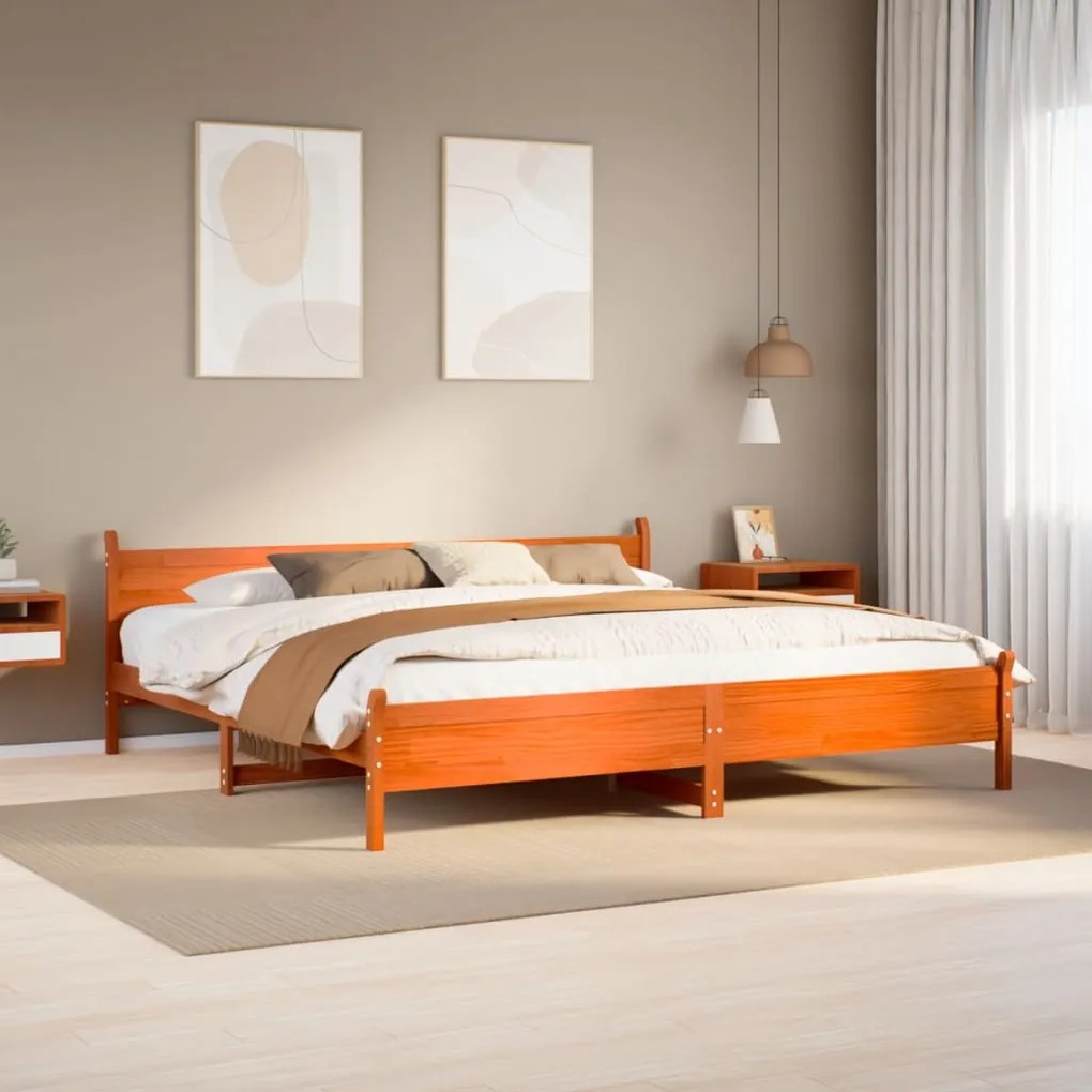 Letto Senza Materasso Marrone Cera 200x200 Cm İn Legno Di Pino /
