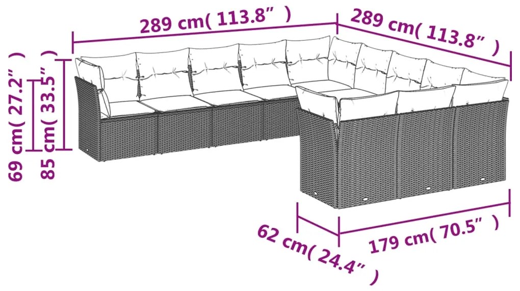 Set Divani da Giardino 11 pz con Cuscini in Polyrattan Nero