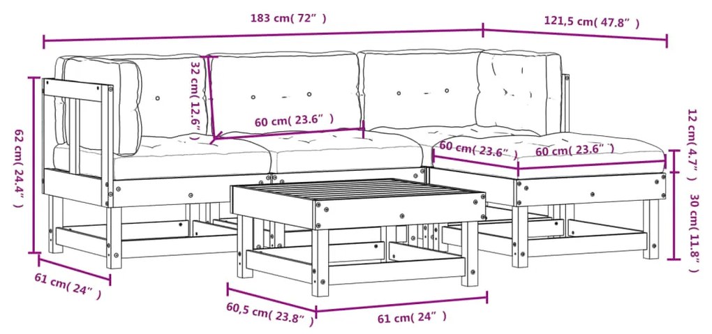 Set Divani da Giardino 5 pz con Cuscini in Legno Massello