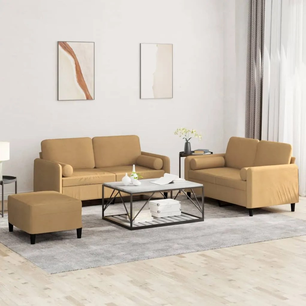 Set Di Divani 3 Pz Con Cuscini Marrone İn Velluto /