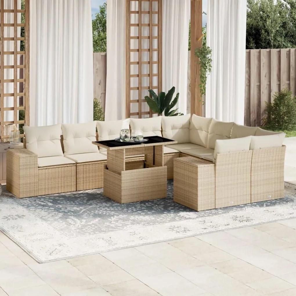 Set divano da giardino 10 pz con cuscini beige in polyrattan