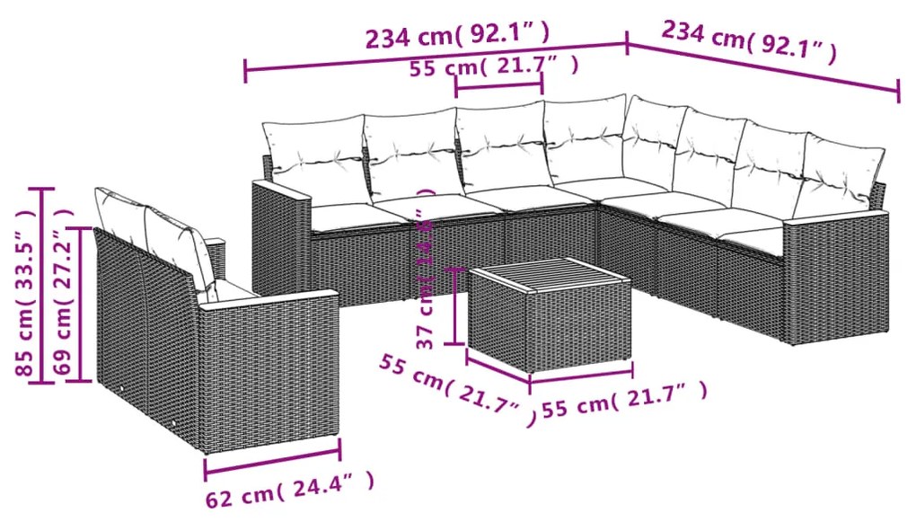 Set Divani da Giardino 10pz con Cuscini in Polyrattan Nero