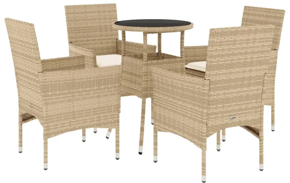 Set da pranzo da giardino 5 pz con cuscini polyrattan e vetro