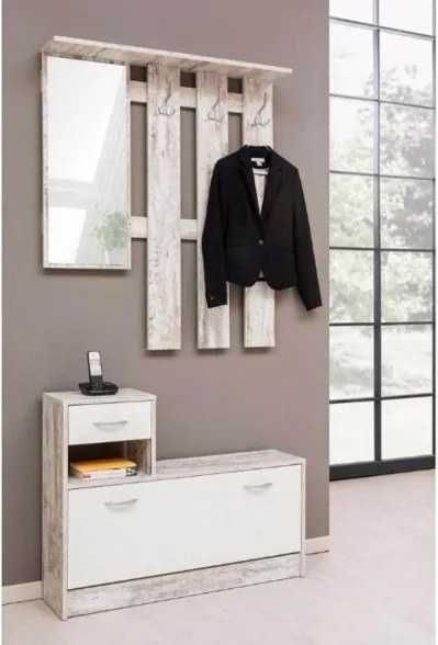 Mobile Ingresso 100 Cm Con Scarpiera Appendiabiti E Specchio Rudolf Bianco Anticato