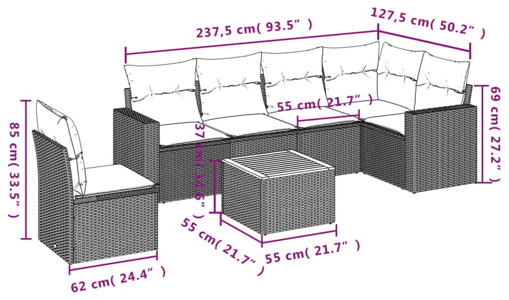 Set divani da giardino 7 pz con cuscini beige in polyrattan