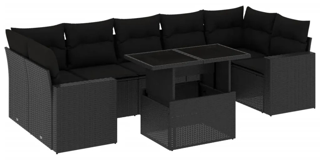 Set divani da giardino con cuscini 8 pz nero in polyrattan