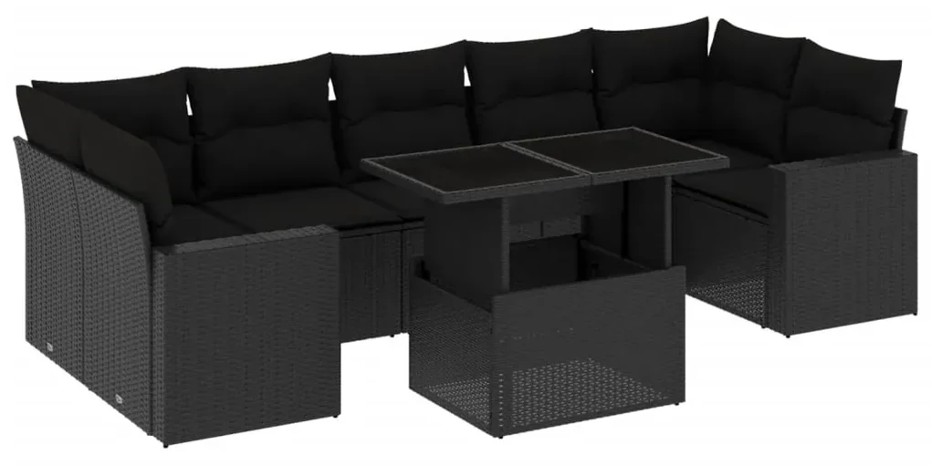Set divani da giardino con cuscini 8 pz nero in polyrattan
