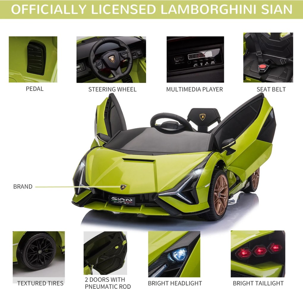 Macchina Elettrica per Bambini 12V con Licenza Lamborghini Sian FKP 37 Verde...