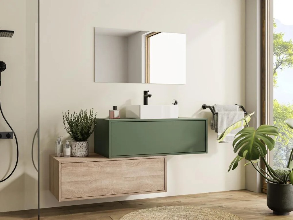 Mobile per bagno sospeso con lavabo singolo quadrato e due cassetti 94 cm Verde e Naturale chiaro - TEANA II