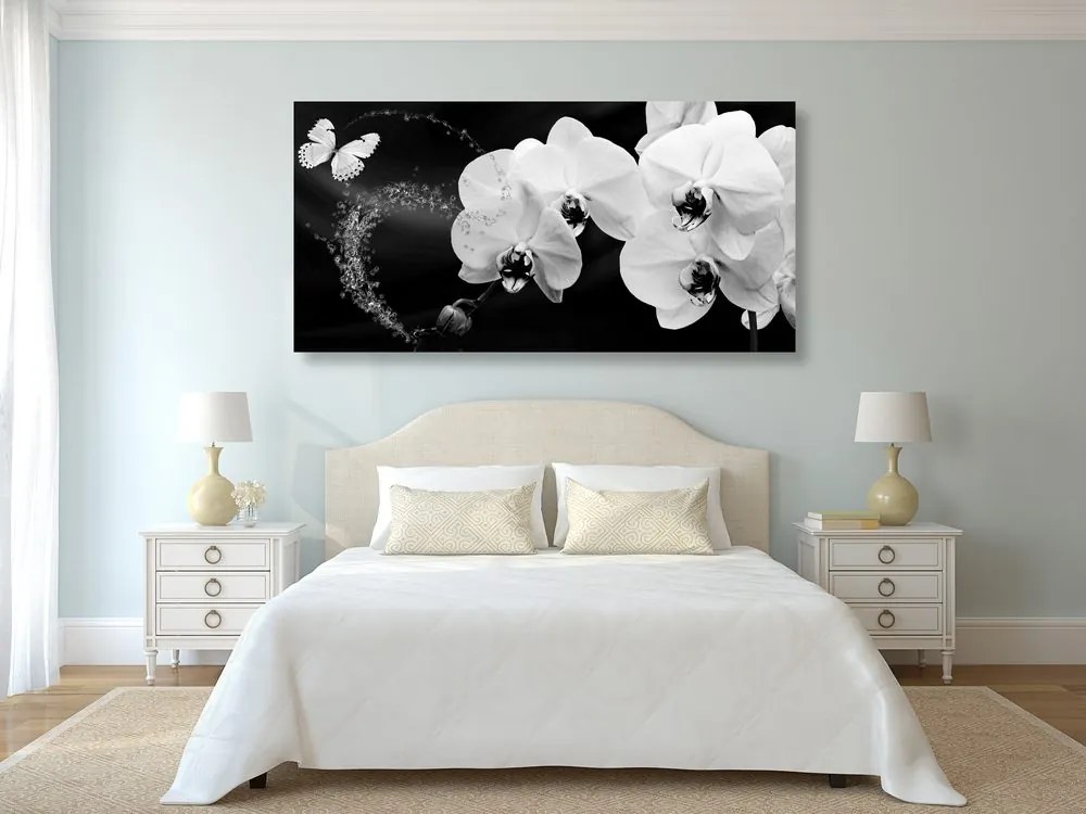 Stampa su tela – Orchidea e farfalla in bianco e nero