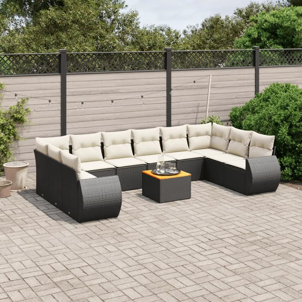 Set divani da giardino 11 pz con cuscini in polyrattan nero