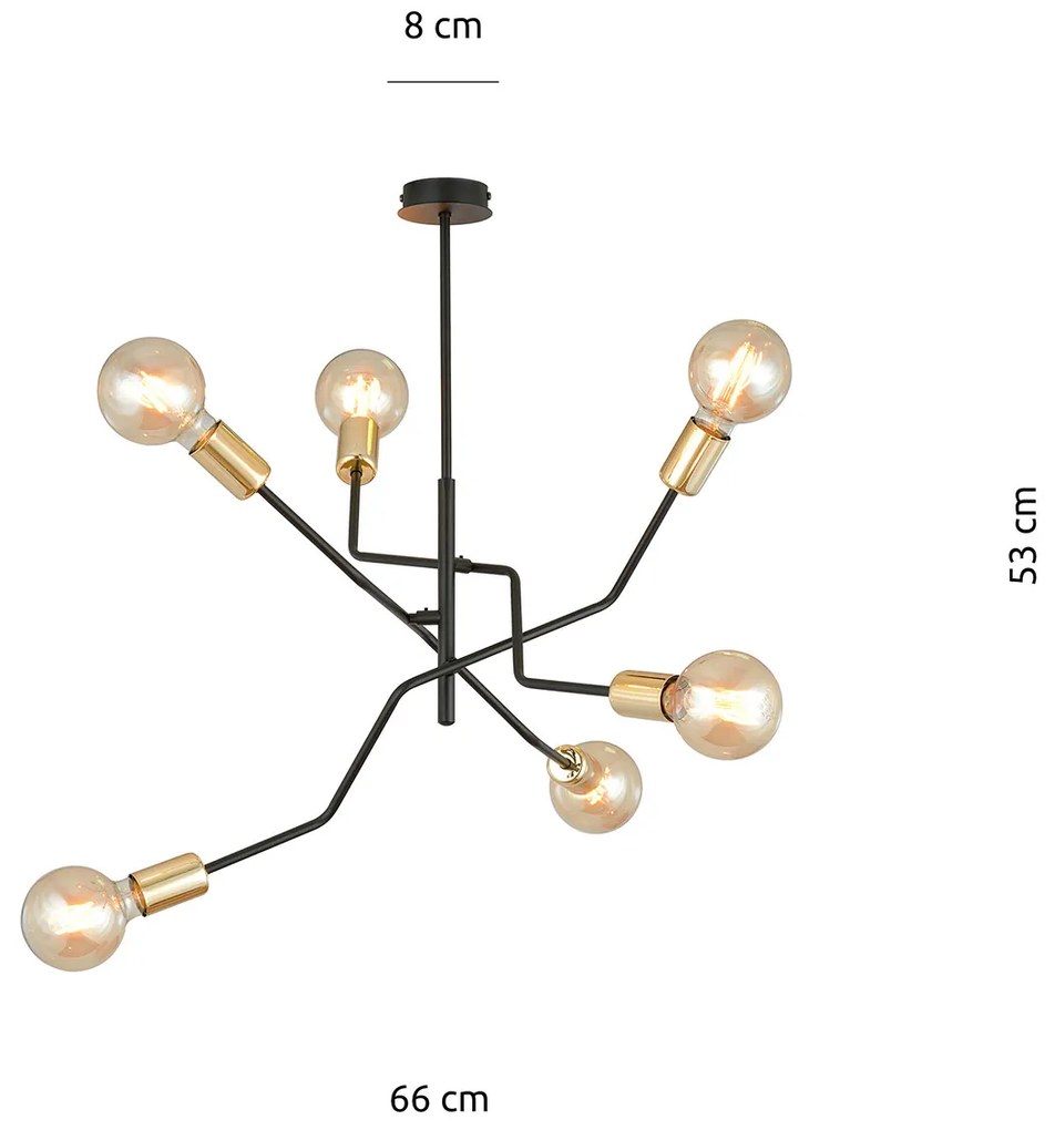 Sospensione Industrial 6 Luci Temi In Acciaio Nero E Oro Bracci Regolabili