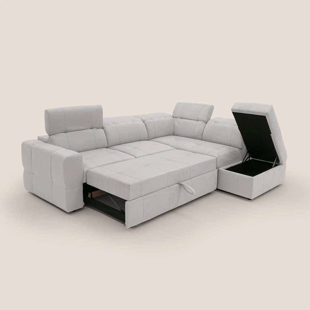 Kronos Divano angolare con poggiapiedi estraibile e pouf contenitore mobile in microfibra impermeabile T11 grigio chiaro