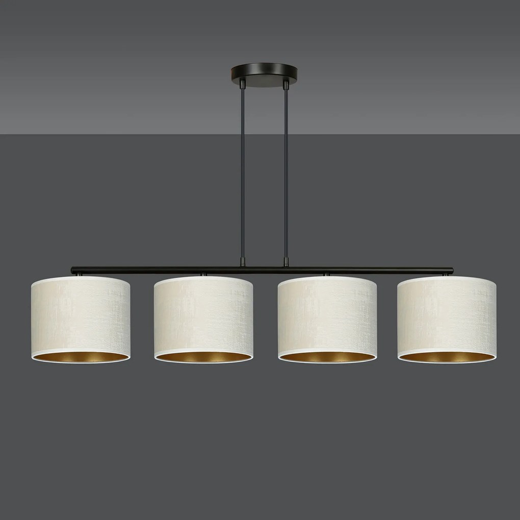 Lampadario 4 Luci Ganesha In Acciaio Nero E Paralumi In Tessuto Beige