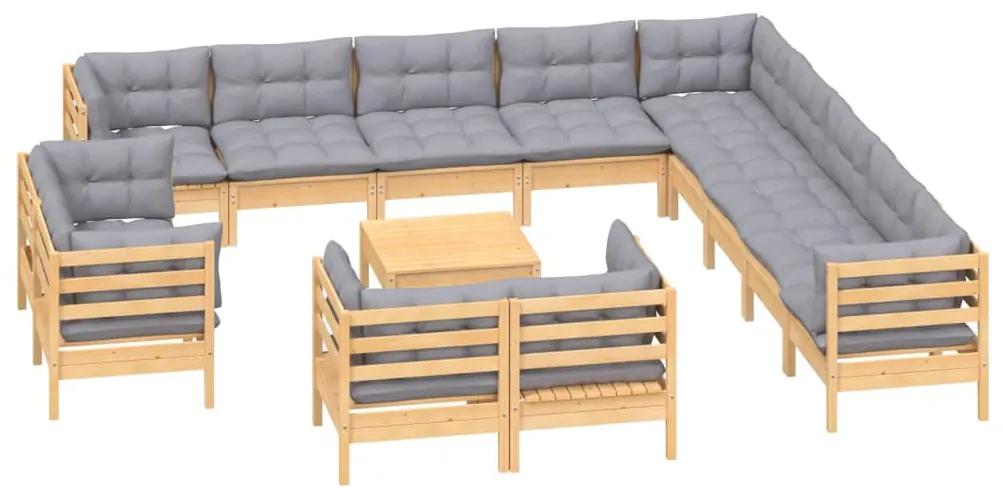 Set divani da giardino 14 pz con cuscini grigi massello di pino