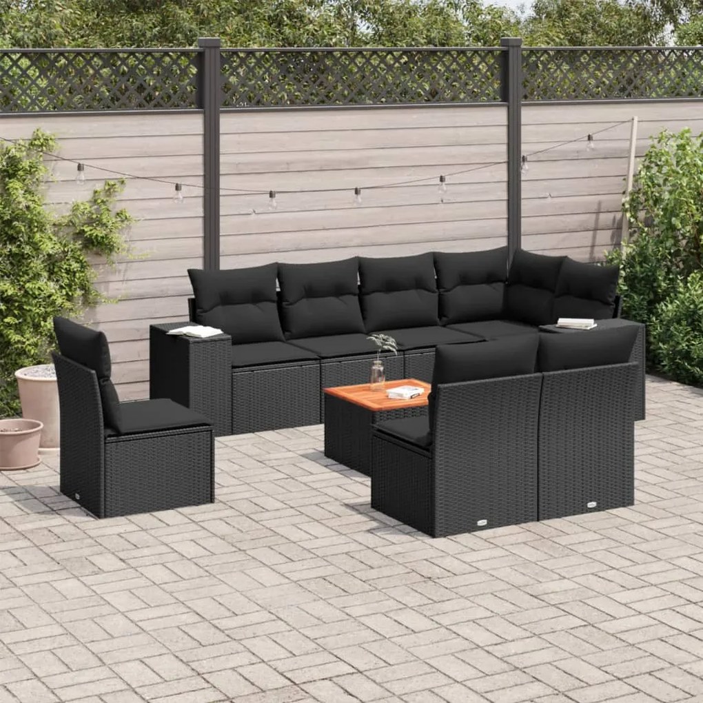 Set divani da giardino 9 pz con cuscini nero in polyrattan