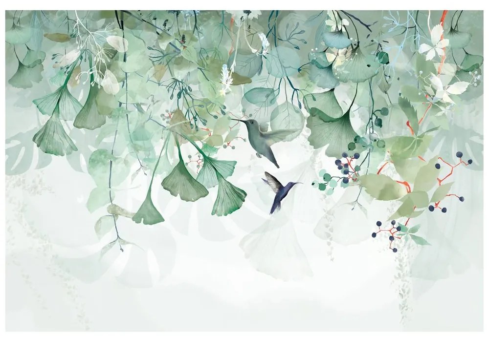 Carta da parati – Foglie Verdi con Colibrì