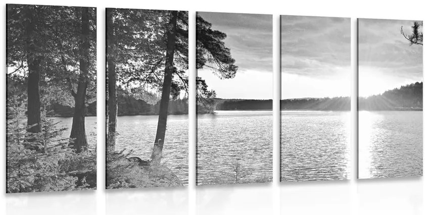 Quadri 5 pezzi – Tramonto sul lago in bianco e nero