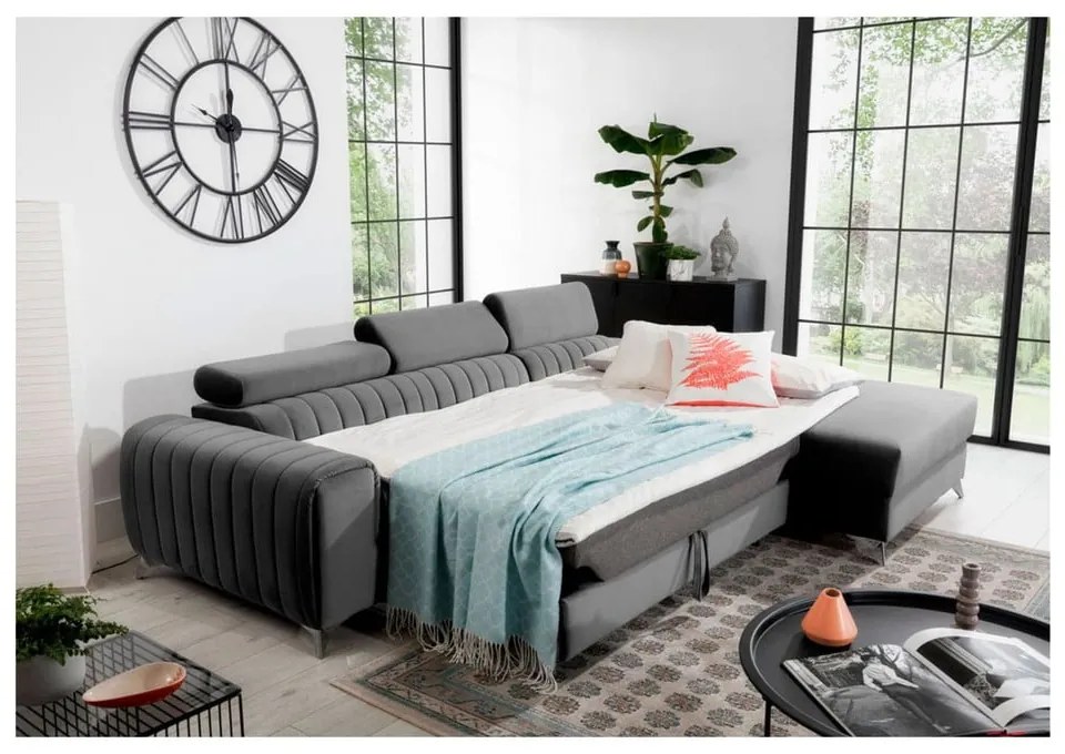 Divano angolare grigio allungabile/con contenitore (con penisola a destra/con chaise lounge) e rivestimento in velluto Grayson – ELTAP