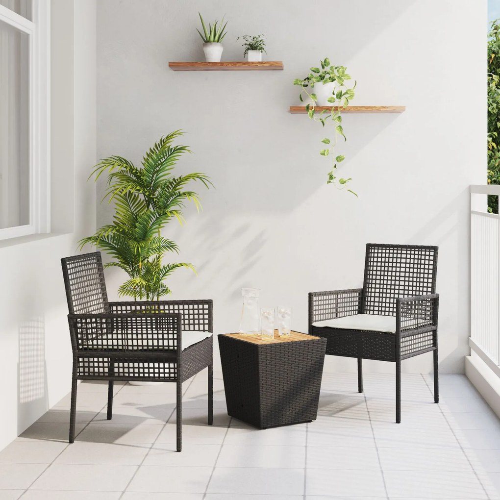 Set da giardino bistro 3 pezzi con cuscini nero rattan sintetico