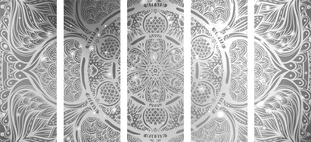 Quadri 5 pezzi – Mandala indiana con sfondo galattico in bianco e nero