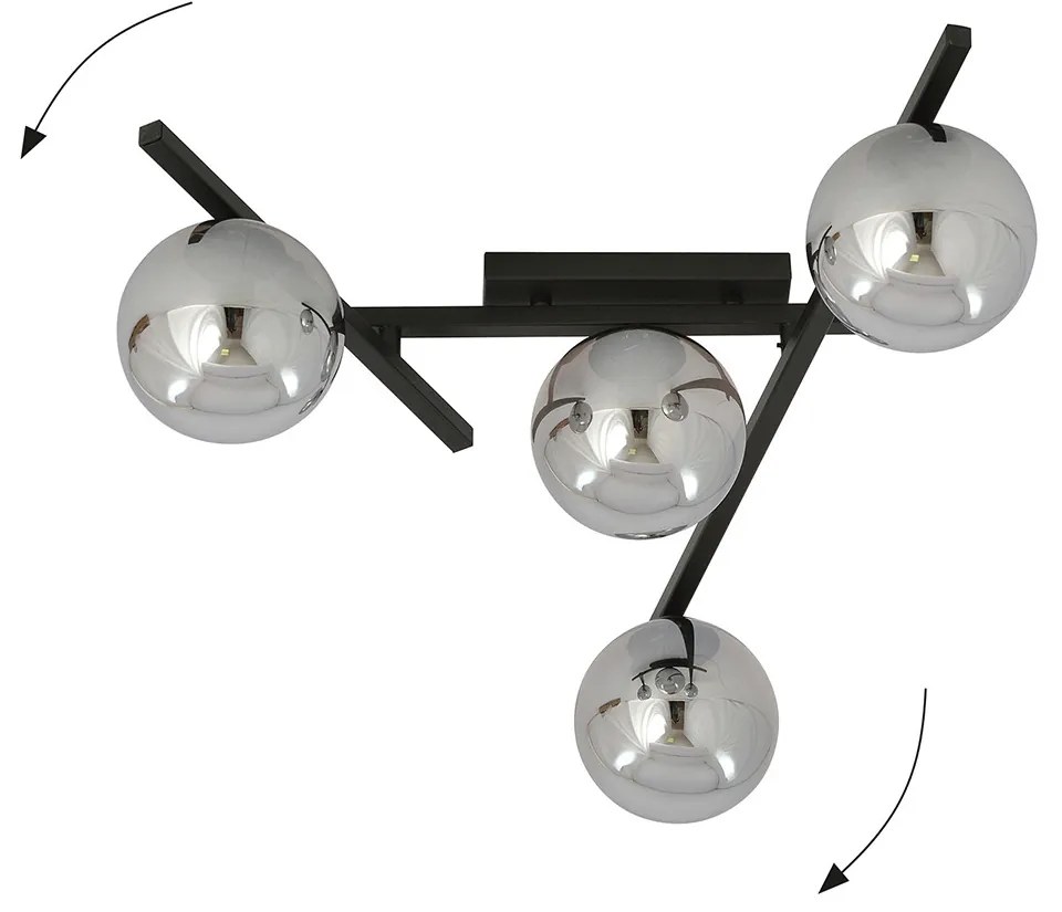 Plafoniera Moderna 4 Luci Teti In Acciaio Nero Bracci Regolabili E Vetro Fumè