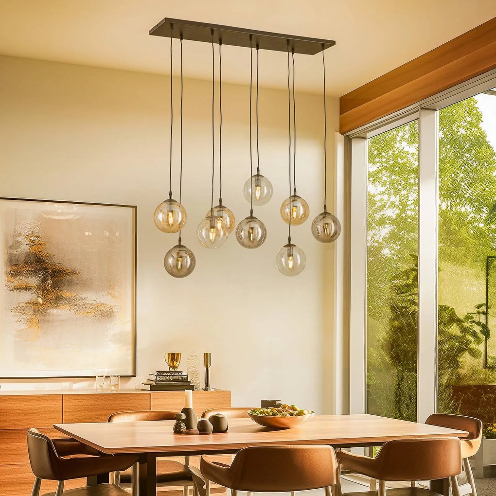 EMIBIG LIGHTING Lampada a sospensione Glassy, a 9 luci, nero, grafite/ambra/trasparente, E14