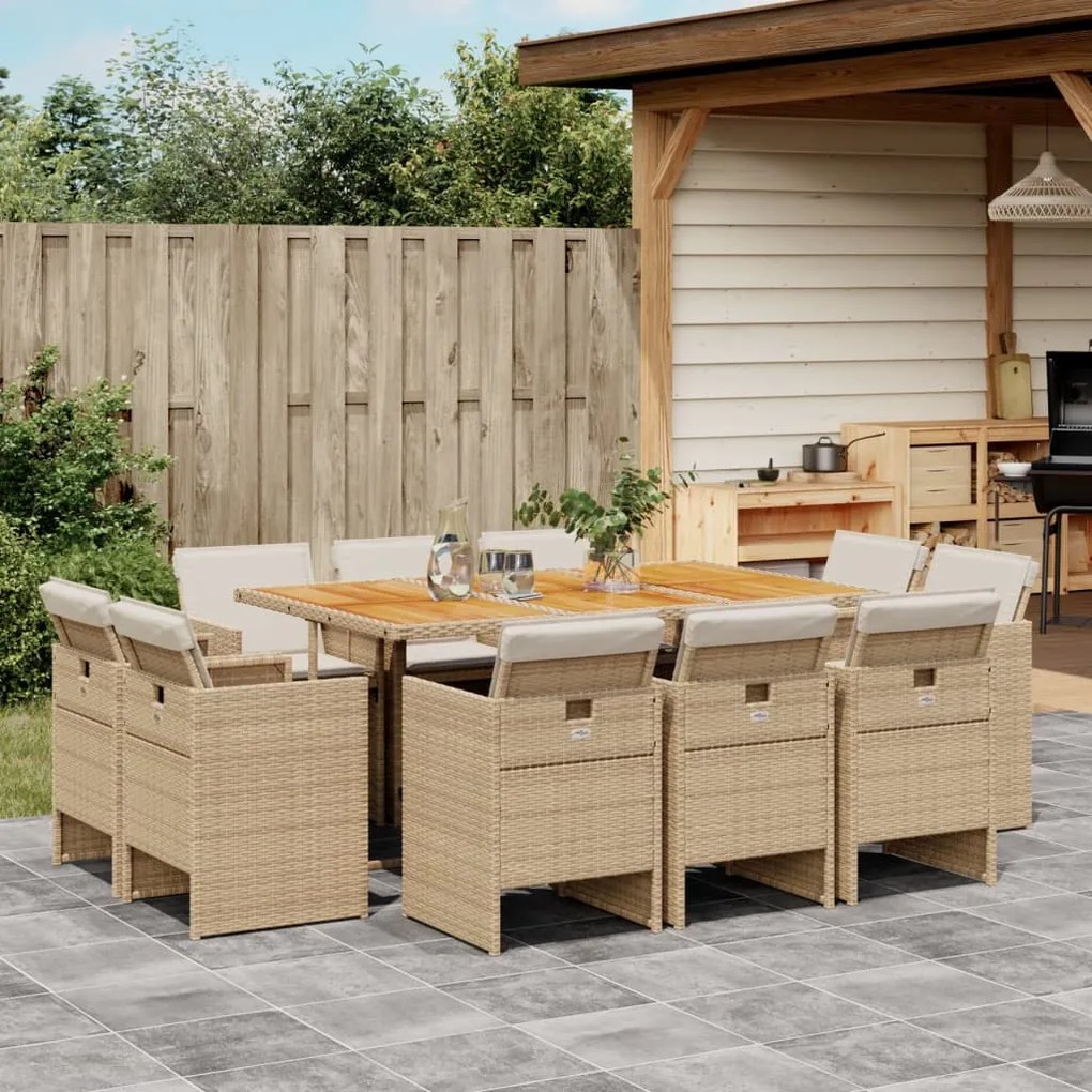 Set da pranzo da giardino 11 pz con cuscini beige in polyrattan