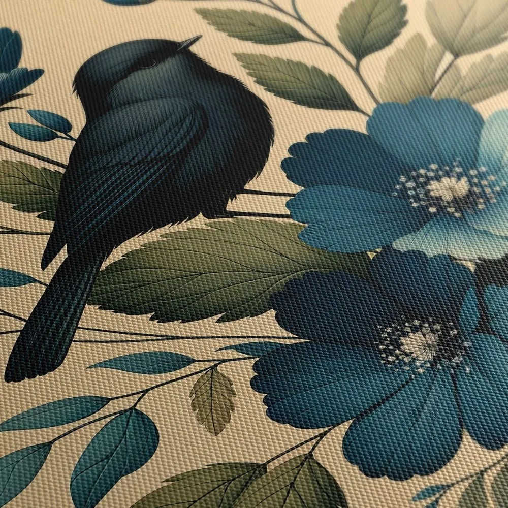 Quadro su tela – Uccellino su ramo con fiori blu
