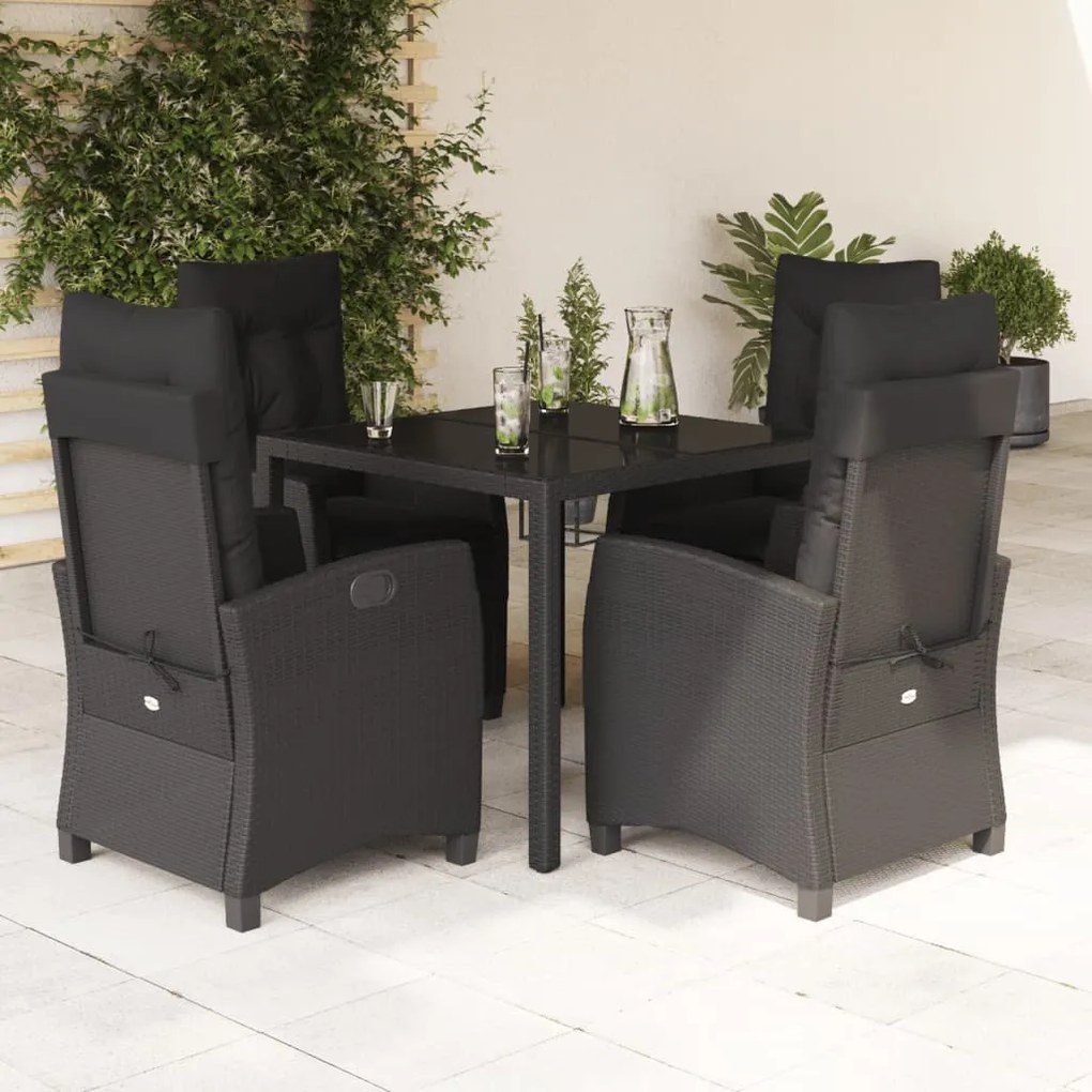 Set da pranzo da giardino 5 pz nero con cuscini in polyrattan