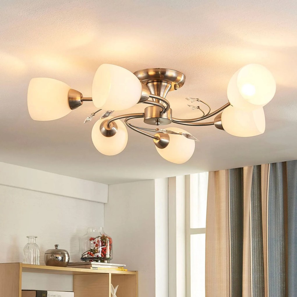 Plafoniera soffitto Tatas Lindby, dimmerabile, Alluminio / Grigio / Zincato, Soggiorno / Sala da pranzo, Vetro, Moderno, Plafoniera