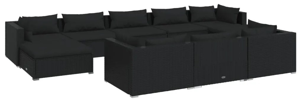 Set Divani da Giardino 10 pz con Cuscini in Polyrattan Nero