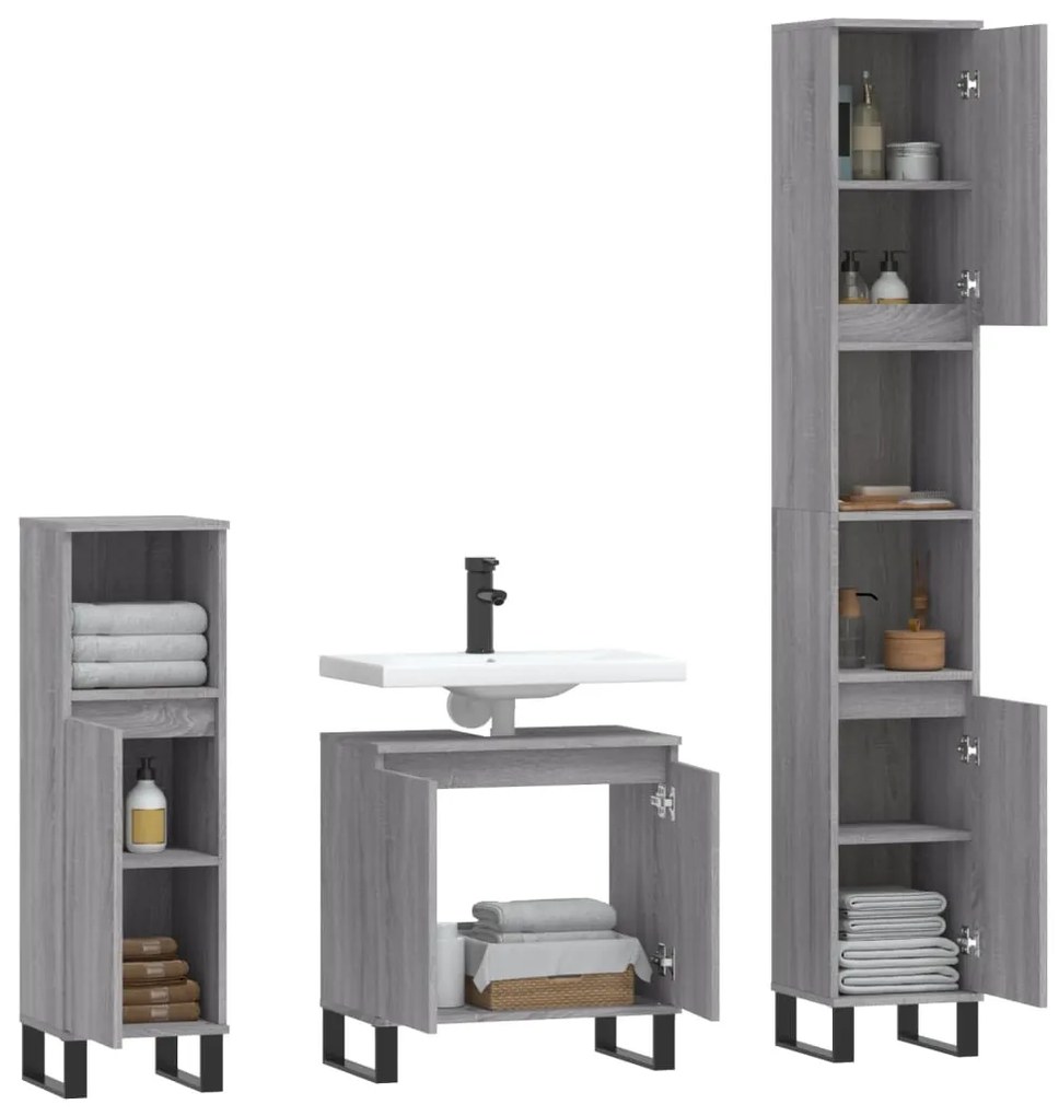 Set mobili da bagno 3 pz grigio sonoma in legno multistrato