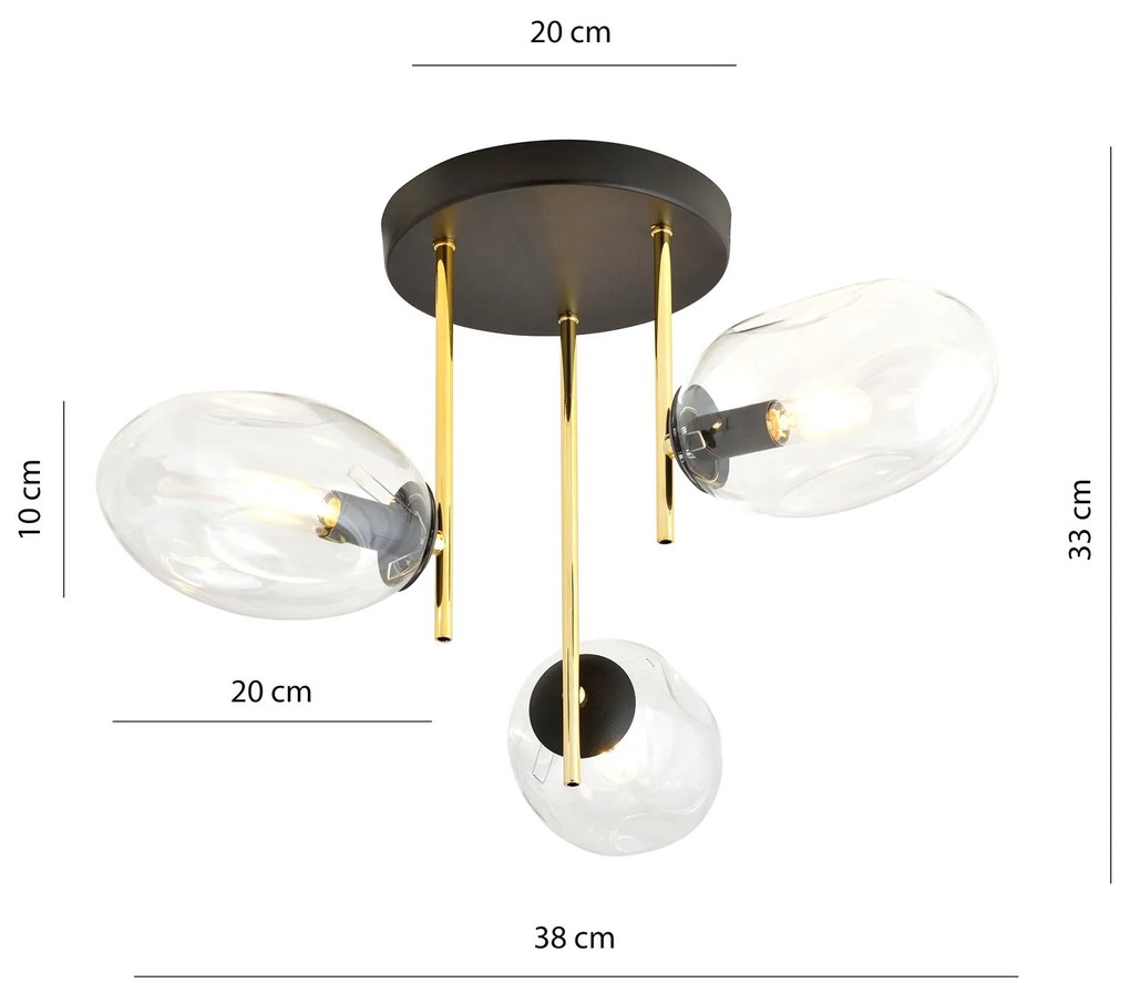 Plafoniera Contemporanea Argo 3 Luci In Acciaio Nero E Diffusori Vetro E Oro