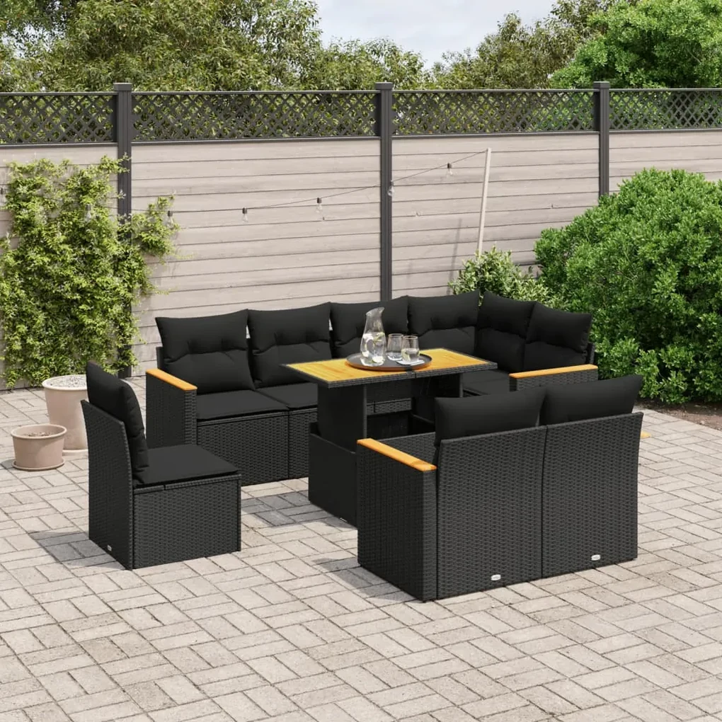 Set divani da giardino 9 pz con cuscini nero in polyrattan