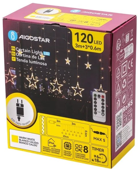 Aigostar - Catena luminosa natalizia LED da esterno 120xLED/6W/230V/8 funzioni 3x0,6m IP44 bianco caldo+telecomando