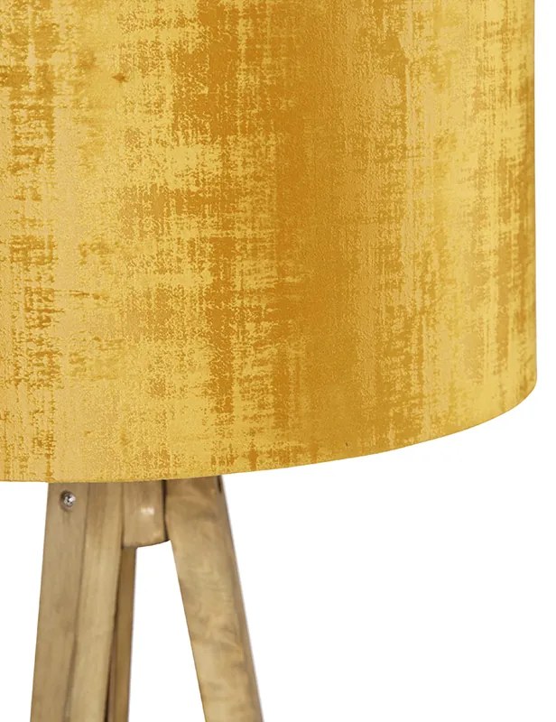 Lampada da terra a treppiede rustica in legno vintage con paralume dorato 50 cm - Tripod Classic