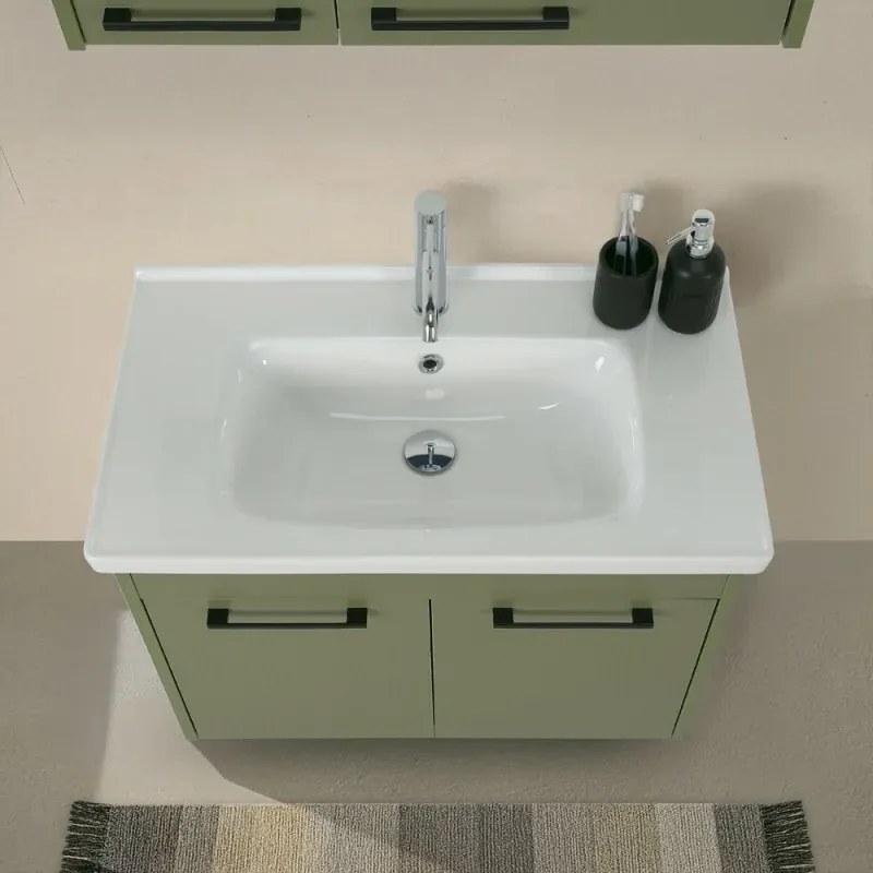 Mobile bagno sospeso 80 cm verde effetto legno con armadietto a specchio Sofia