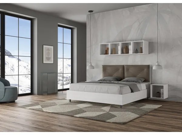 Letto matrimoniale contenitore 160x190 bianco frassino cuscini similpelle cappuccino Egos Appia