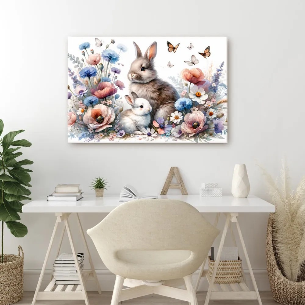 Quadro su tela – Coniglietti in giardino primaverile in fiore