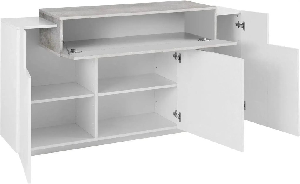 Credenza moderna CORO con 3 ante a battente e 1 anta a ribalta in bianco lucido e cemento