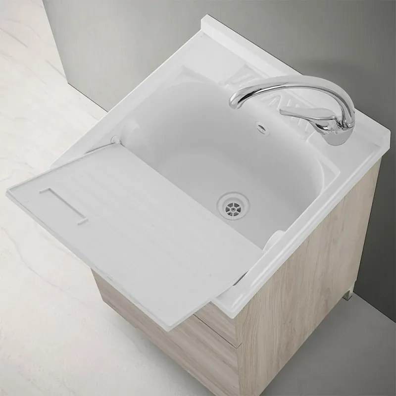 Mobile lavatoio 50x50 cm 1 anta rovere grigio con vasca in resina