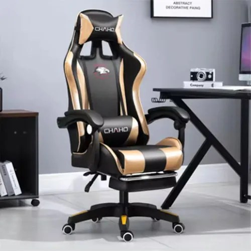 Comoda sedia da gaming con cuscino nero e oro