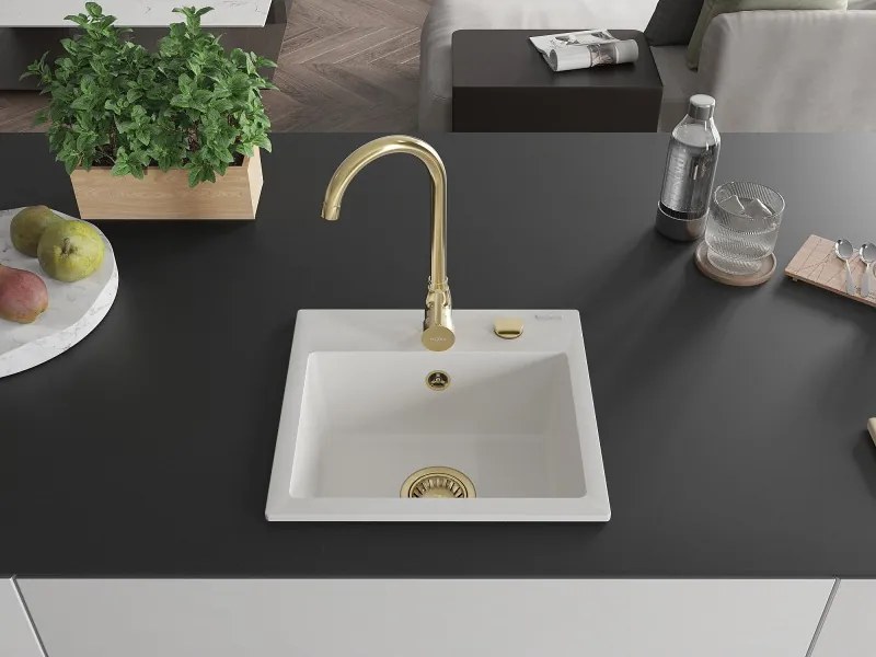 Mexen Milo lavello in granito a 1 vasca 435 x 410 mm, bianco, sifone dorato - 6505441000-20-G
