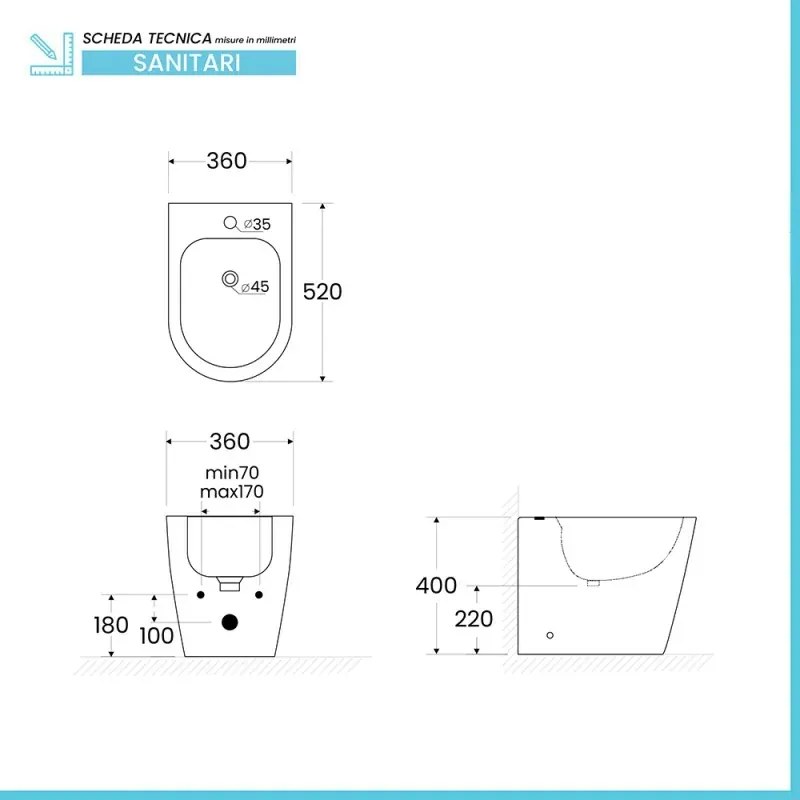 Sanitari Filomuro in ceramica bianco design tondo con copriwc e scarico rimless Ukra