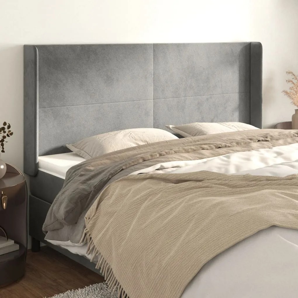 Testiera Ad Orecchio Grigio Chiaro 183x16x118/128 Cm İn Velluto /