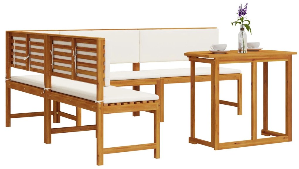 Set da pranzo in giardino da 4 pezzi con cuscini in legno di acacia