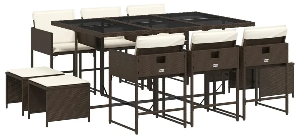 Set da pranzo da giardino 11 pz con cuscini polyrattan marrone